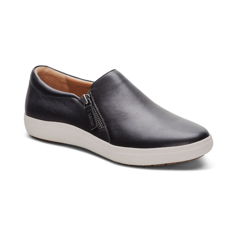 black slip-on sneaker with side zipper