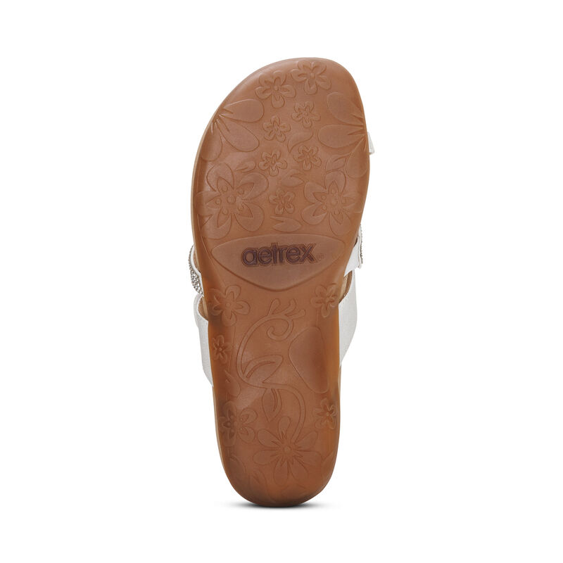 white sparkle adjustable slide sandal with 3 straps bottom view