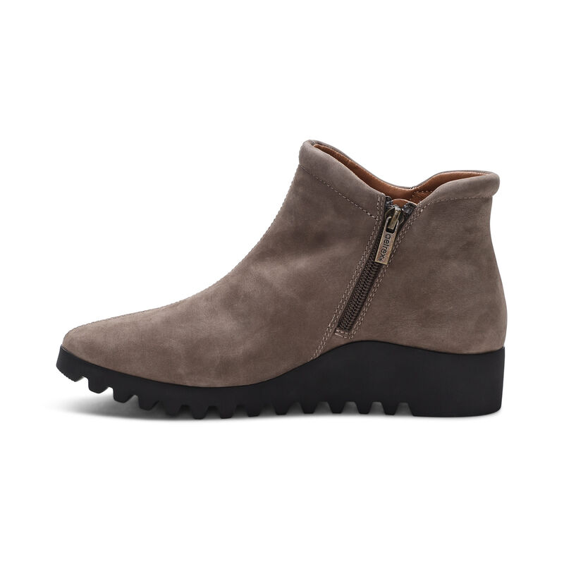 dark taupe leather slip-on boot left view