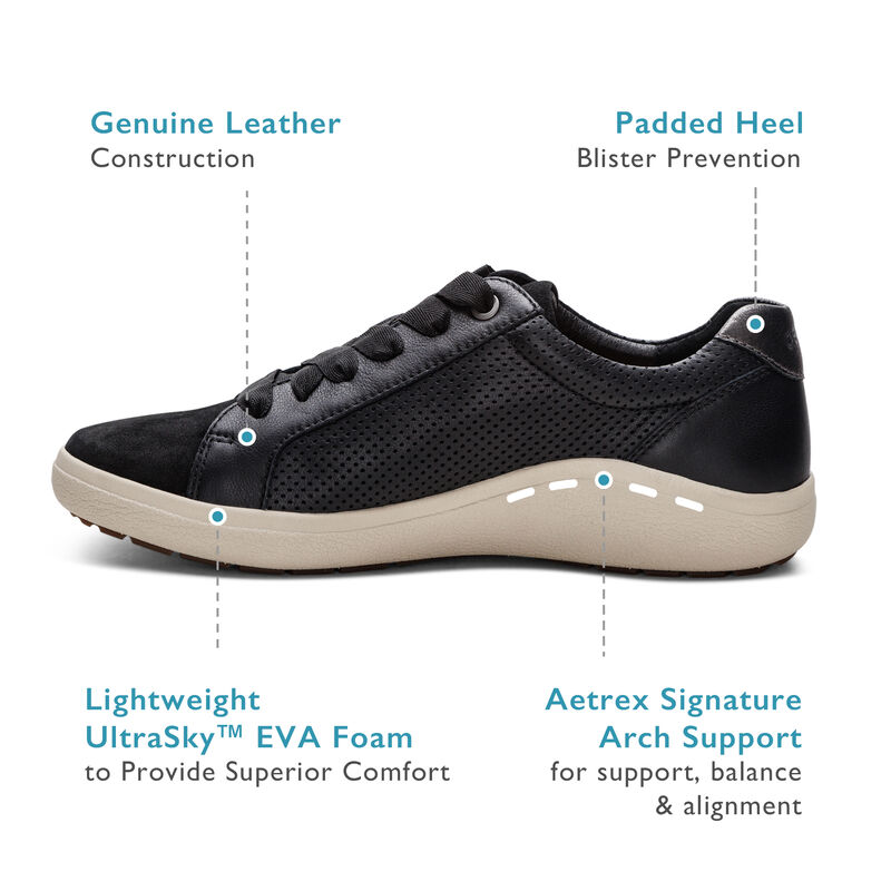 black lace-up sneaker featuring genuine leather construction, padded heel for blister prevention, lightweight UltraSky EVA Foam to provide superior comfort and Aetrex Signature Arch Support for support, balance and alignment