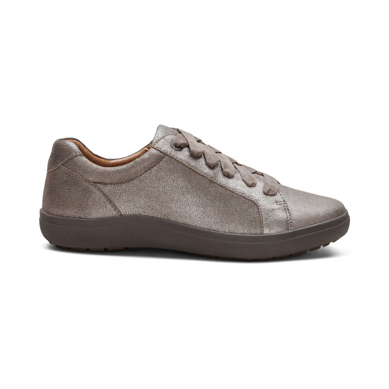 brushed silver lace-up sneaker right view