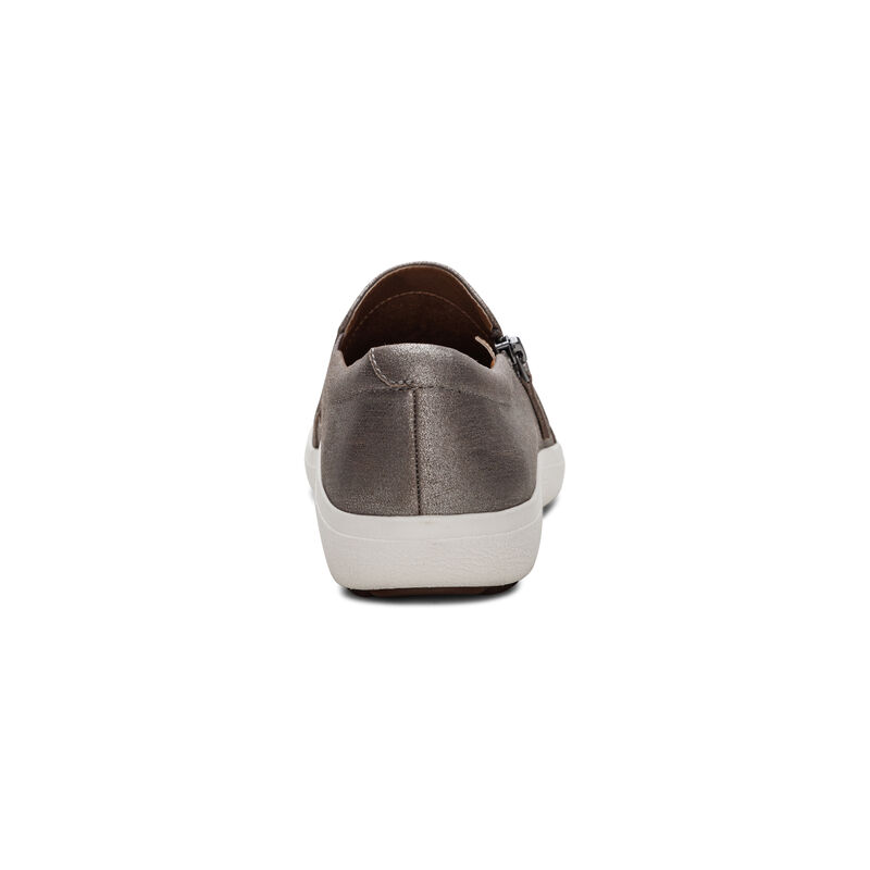 silver slip-on sneaker with side zipper rear view