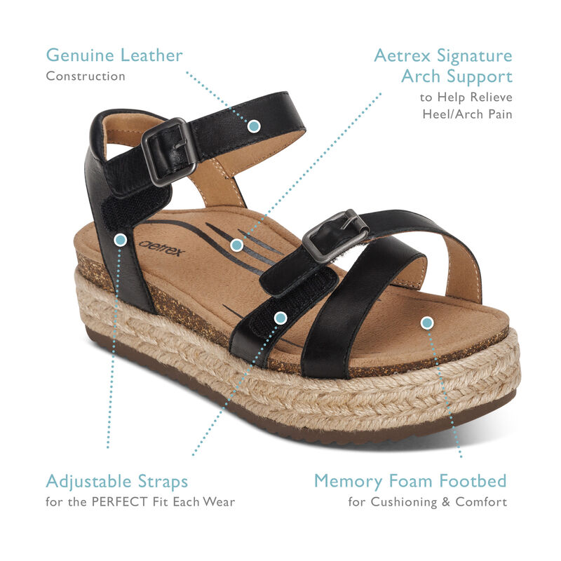 Black Platform Sandal with three straps featuring adjustable straps, aetrex signature arch support, memory foam footbed, and genuine leather