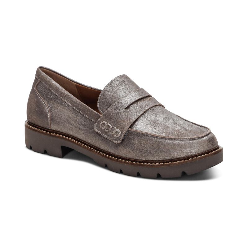 brushed silver premium leather loafer