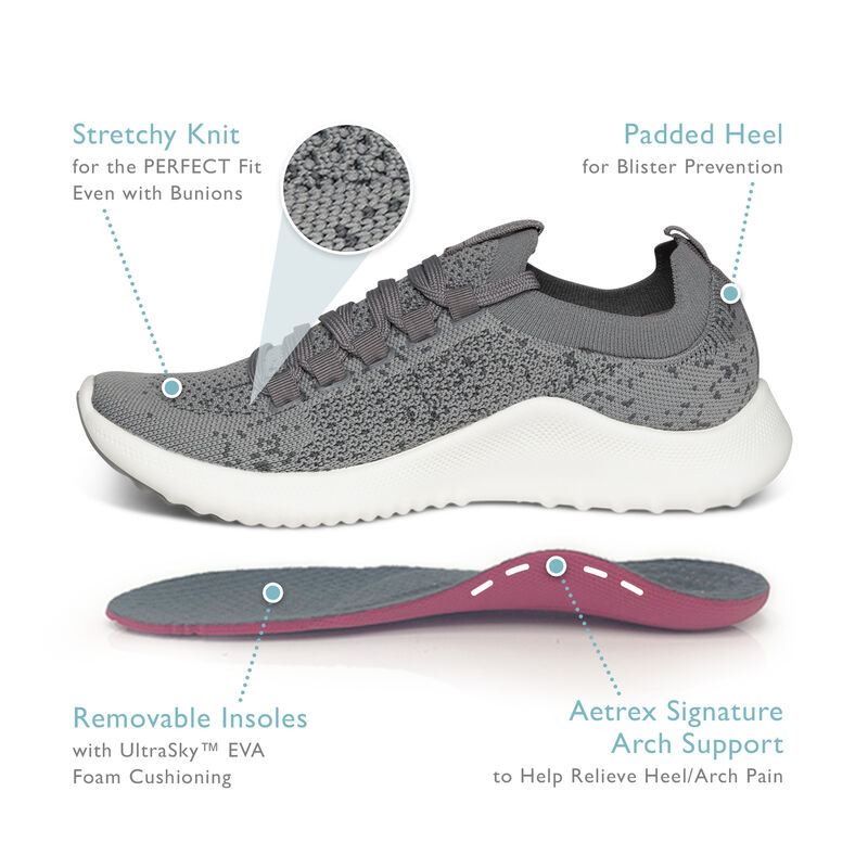 Stretchy knit sneaker features built with stretchy knit, padded heel, removable insoles, and aetrex signature arch support
