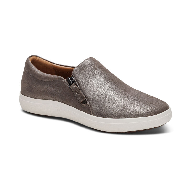 silver slip-on sneaker with side zipper