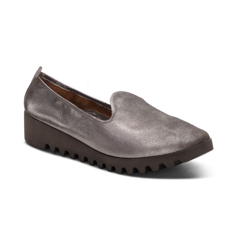 brushed silver slip-on flat