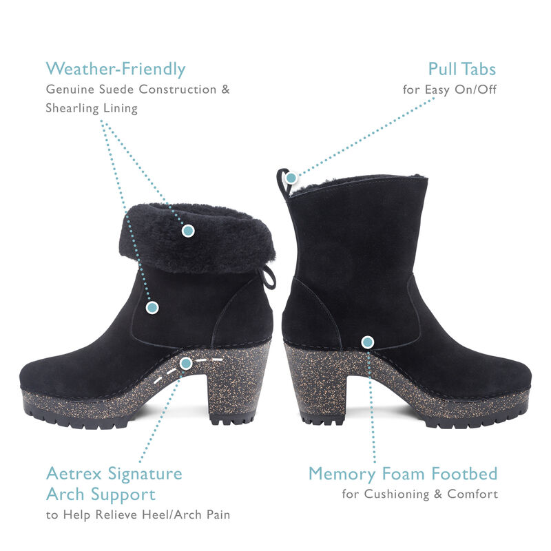  black shearling lining heeled boot featuring aetrex signature arch support, weather-friendly genuine suede and shearling lining, memory foam footbed, and pull tabs