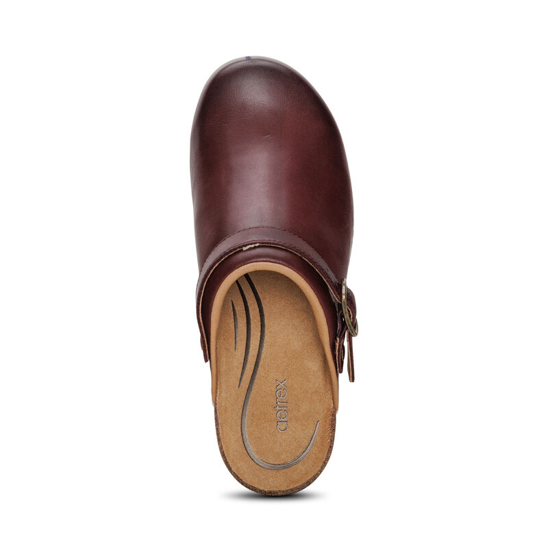 burgundy genuine leather heel clog top view