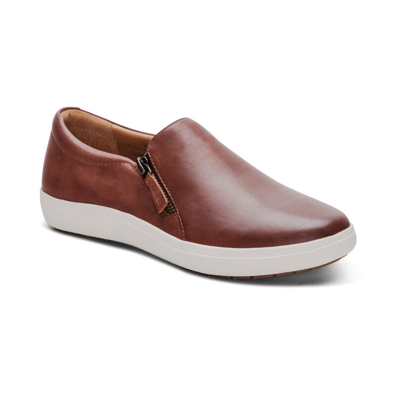 brown slip-on sneaker with side zipper