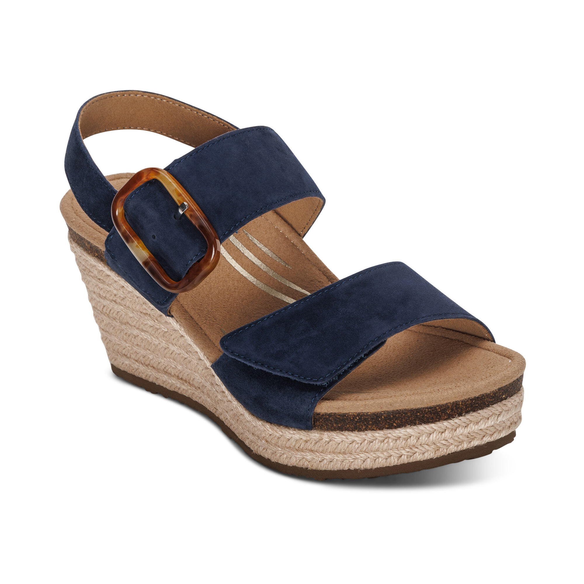 Sally Round-toe Wedge Sandal in Navy Stripe -Sustainable & Stylish | VIVAIA