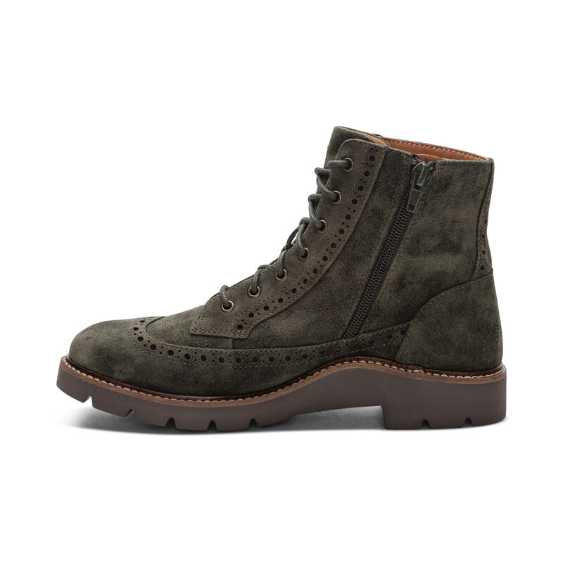 dark green weatherproof leather lace-up boot left view