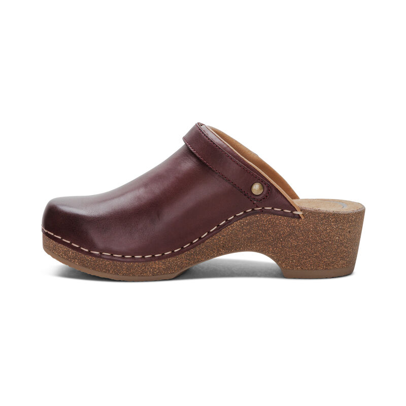 burgundy genuine leather heel clog left view