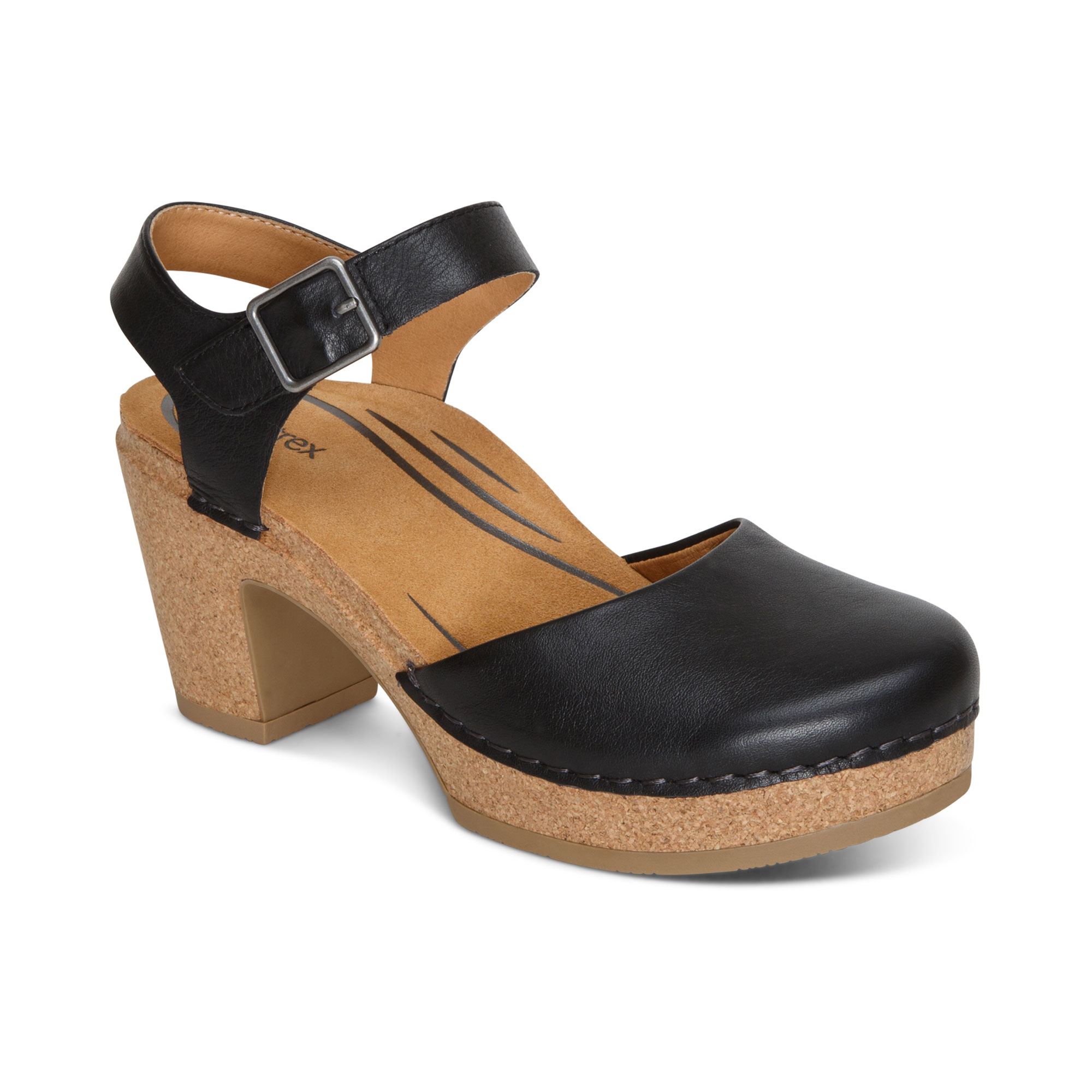 Lotta From Stockholm : Womens High Heel Cross Over Open Toe Wooden Clogs in  Black Leather on a Brown Base